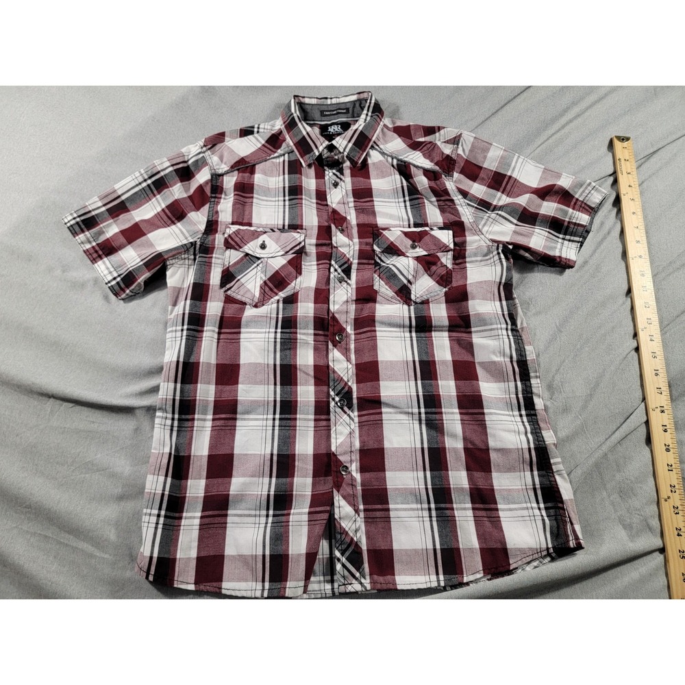 Rock & Republic Shirt Men Medium Maroon Plaid Button Up S/S Casual Western